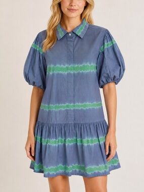 WKND Wyfr Frock It Green/Blue Tie Dye Puff Sleeve Mini Dress 25702